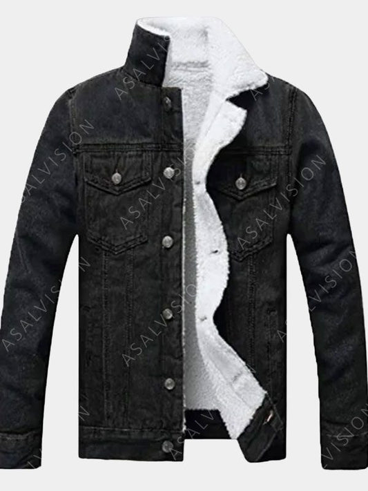 Mens Black Sherpa Lined Denim Jacket