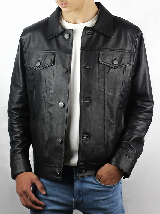 Men's Black Trucker Lambskin Leather Jacket