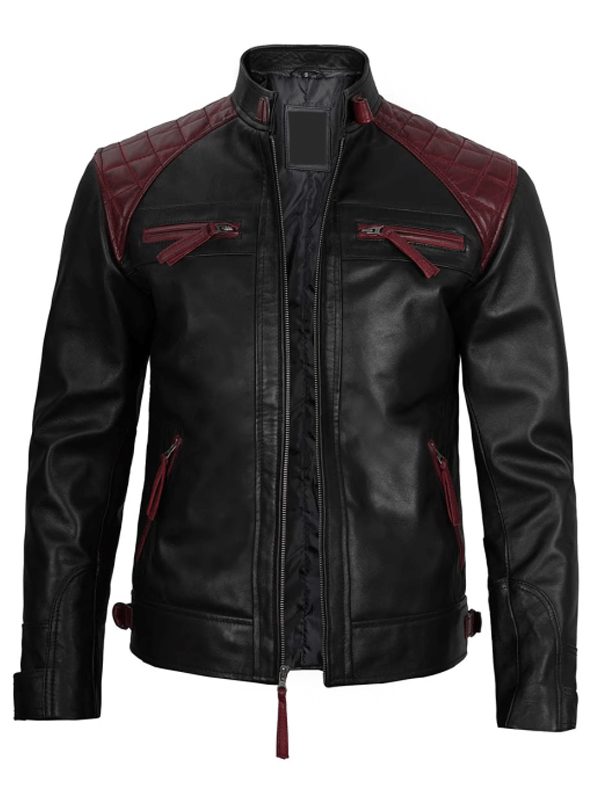 Men's Black and Maroon Quilted Cafe Racer Biker Jacket
