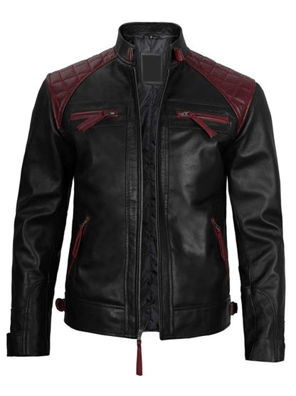 Men's Black and Maroon Quilted Cafe Racer Biker Jacket