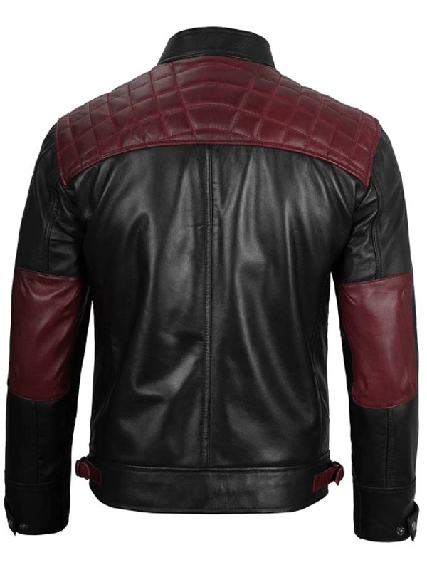 Men's Black and Maroon Quilted Cafe Racer Biker Leather Jacket