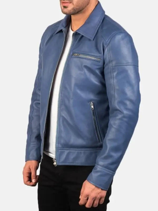 Mens Blue Biker Leather Cafe Racer Jacket