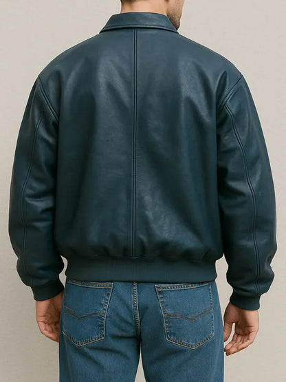 Men’s Blue Bomber Oversized Buttoned Leather Jacket