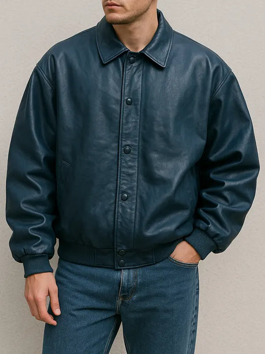 Men’s Blue Bomber Oversized Leather Jacket