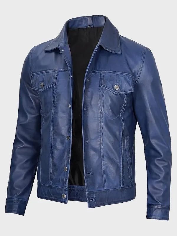 Men's Blue Lambskin Trucker Leather Jacket