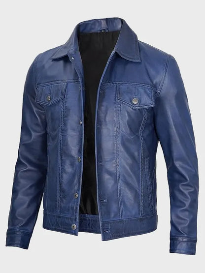 Men's Blue Lambskin Trucker Leather Jacket