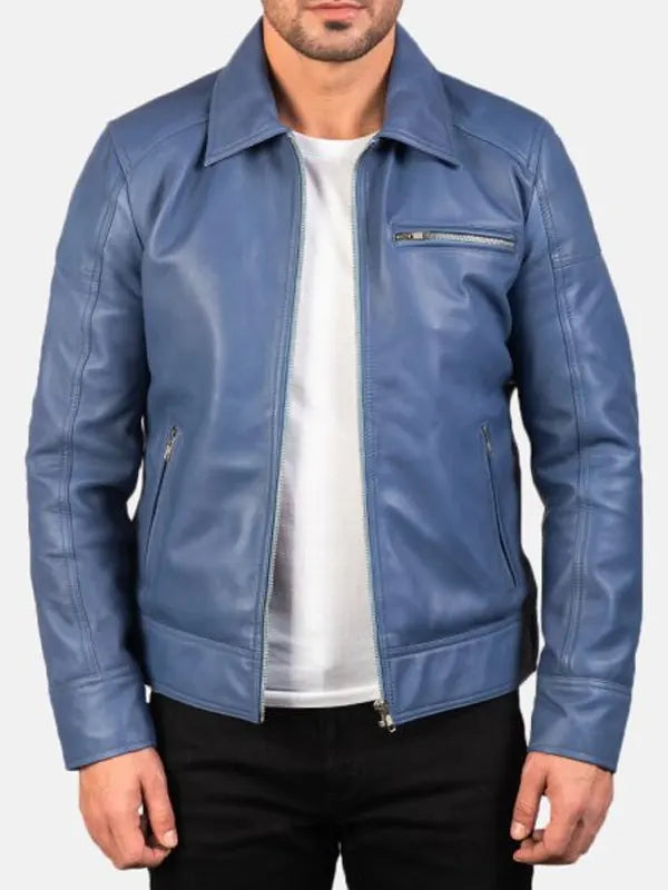 Mens Blue Motorcycle Biker Leather Cafe Racer Jacket
