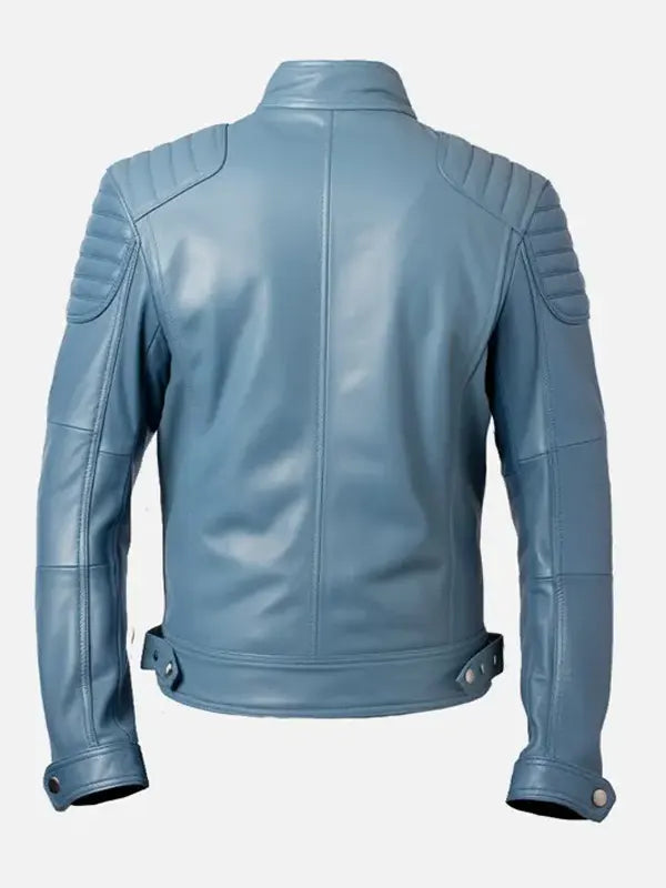 Men’s Blue Padded Shoulders Cafe Racer Biker Leather Jacket