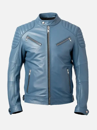 Men’s Blue Padded Shoulders Cafe Racer Leather Jacket