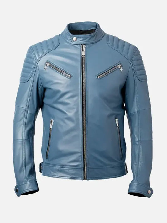 Men’s Blue Padded Shoulders Cafe Racer Leather Jacket