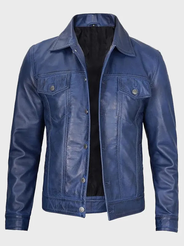 Men's Blue Trucker Leather Jacket