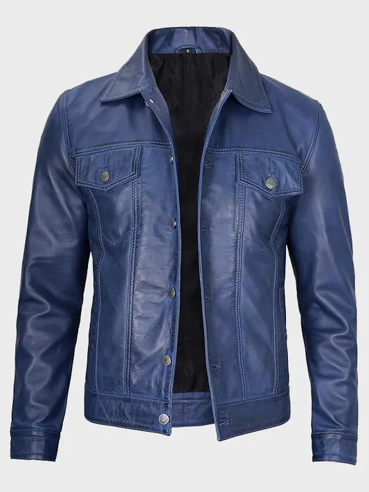 Men's Blue Trucker Leather Jacket
