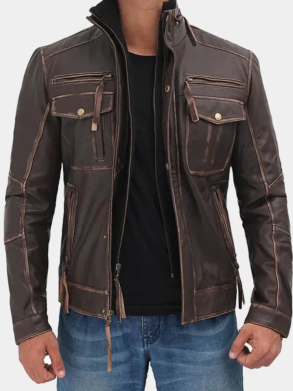 Mens Brown Cafe Racer Distressed Leather Jacket