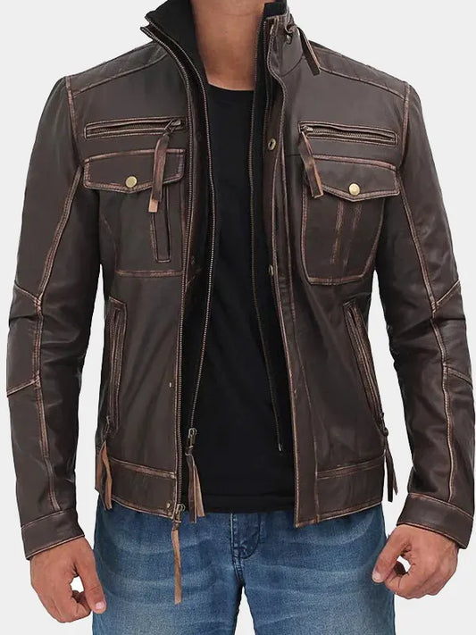Mens Brown Cafe Racer Distressed Leather Jacket