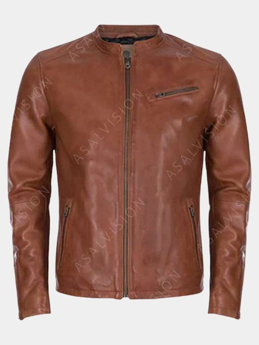 Mens Brown Cafe Racer Leather Jacket