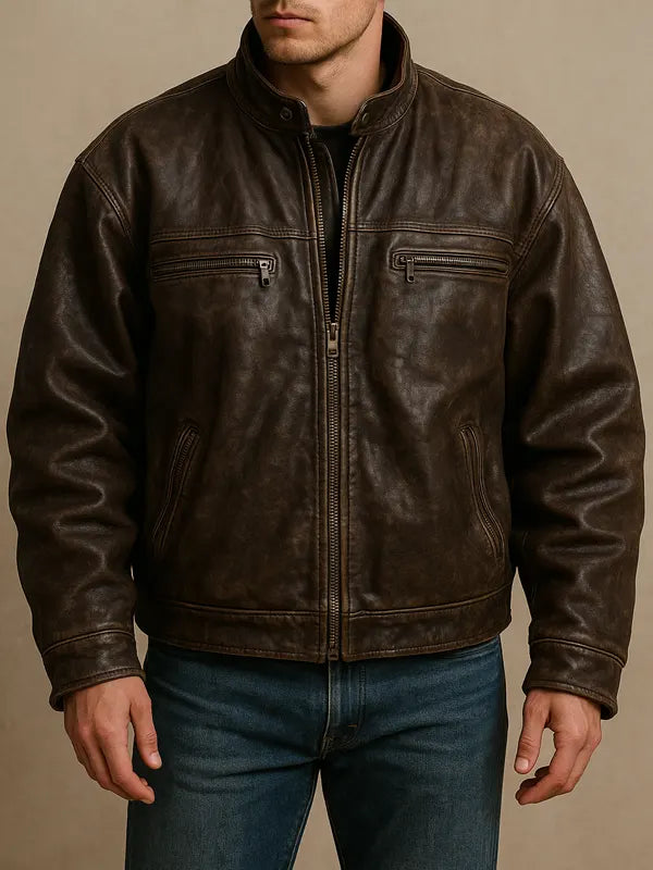 Men’s Brown Distressed Cafe Racer Oversized Leather Jacket