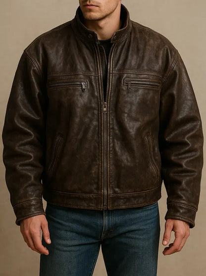 Men’s Brown Distressed Cafe Racer Oversized Leather Jacket