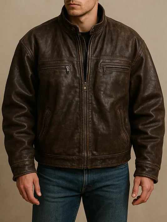 Men’s Brown Distressed Cafe Racer Oversized Leather Jacket