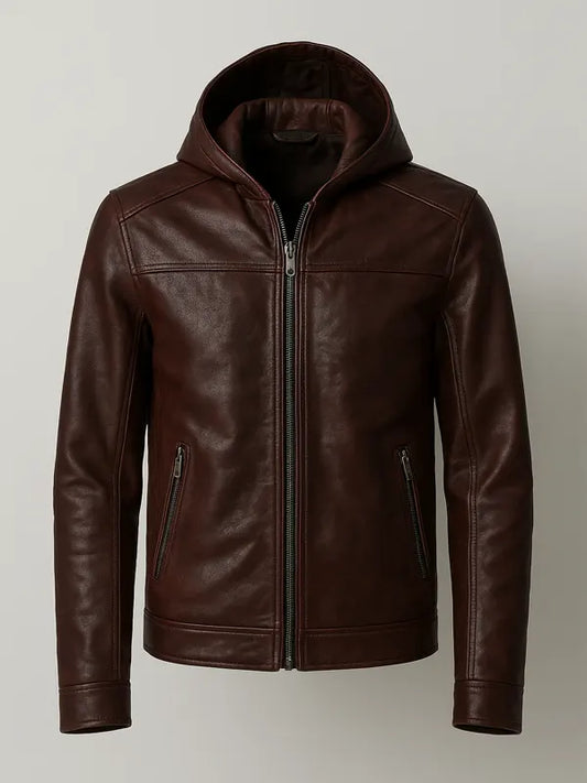 Men's Brown Genuine Leather Hooded Jacket
