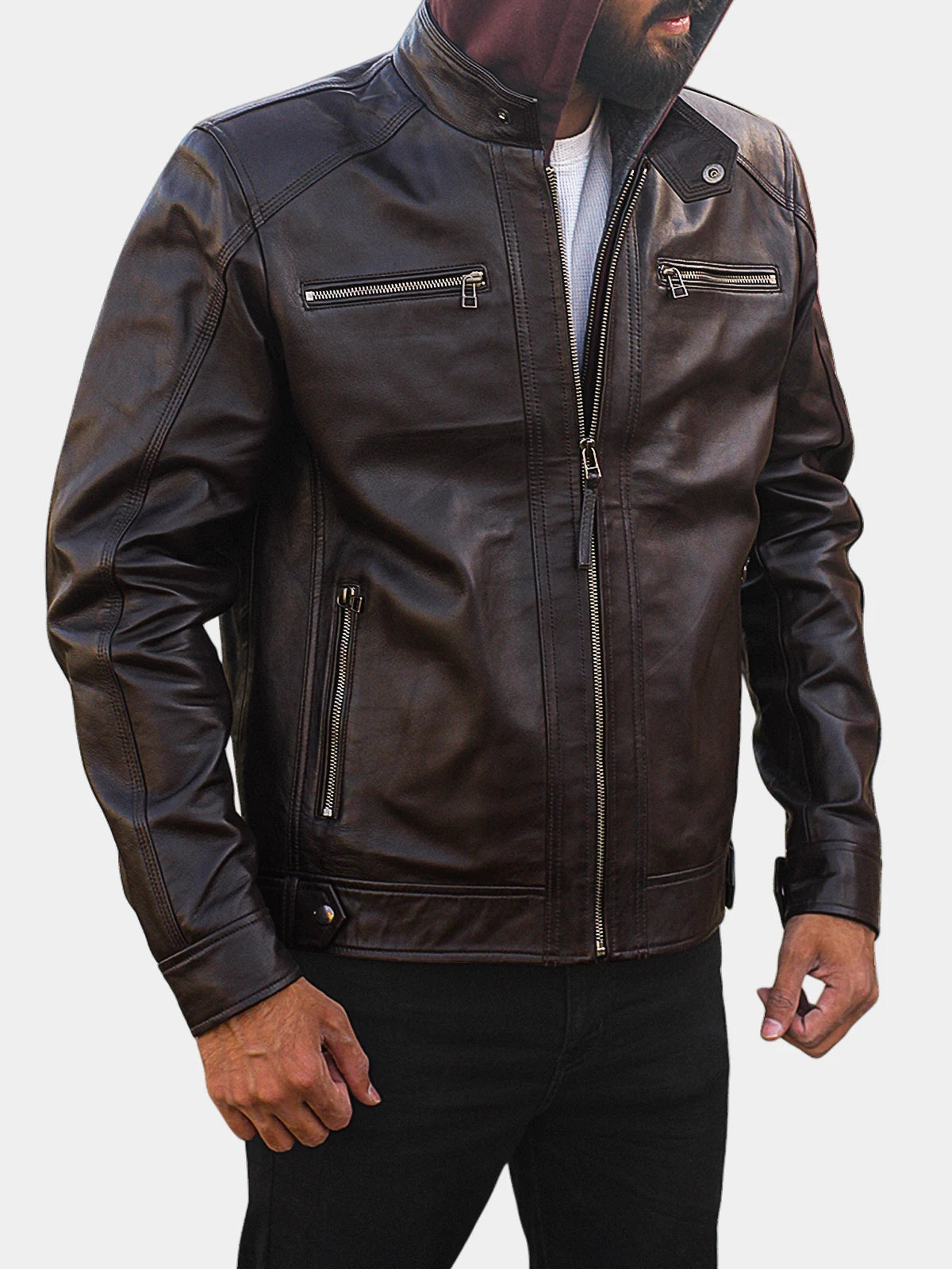 Mens Brown Hooded Leather Motorcycle Jacket