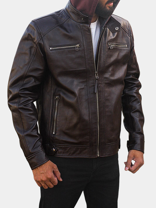 Mens Brown Hooded Leather Motorcycle Jacket