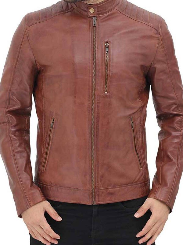 Mens Brown Leather Cafe Racer Jacket