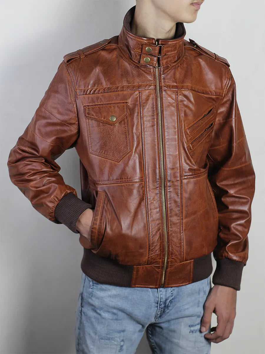 Mens Brown Leather Detachable Hooded Bomber Jacket