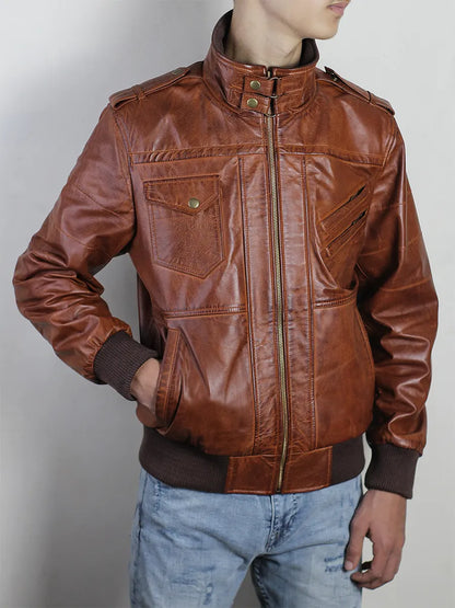 Mens Brown Leather Detachable Hooded Bomber Jacket