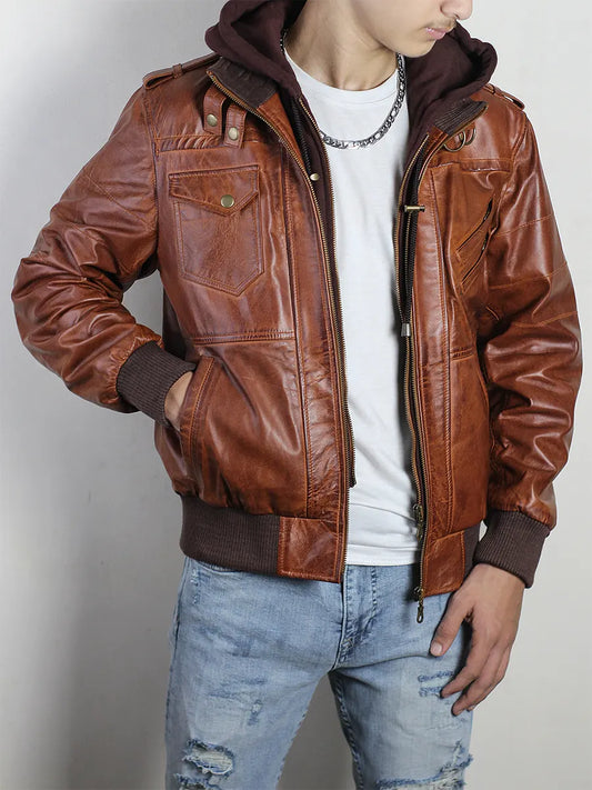 Men's Brown Leather Hooded Jacket