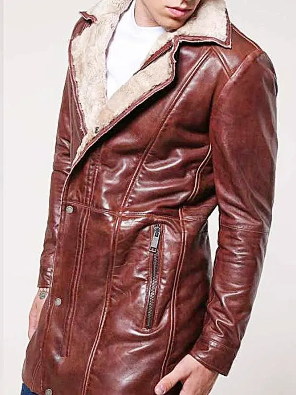 Men’s Brown Mid-Length Shearling Lined Winter Leather Coat