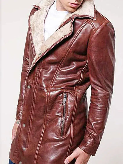 Men’s Brown Mid-Length Shearling Lined Winter Leather Coat