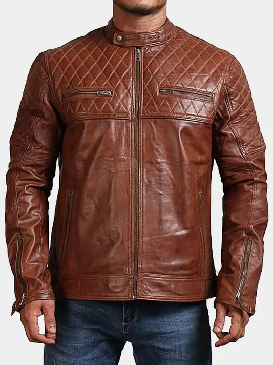 Mens Brown Quilted Fashion Leather Biker Jacket