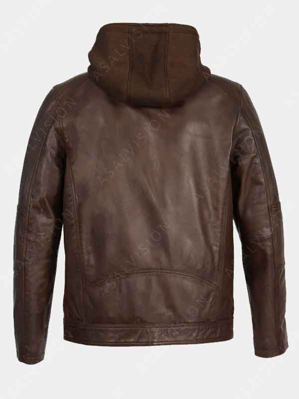 Mens Brown Removable Hooded Leather Waxed Jacket