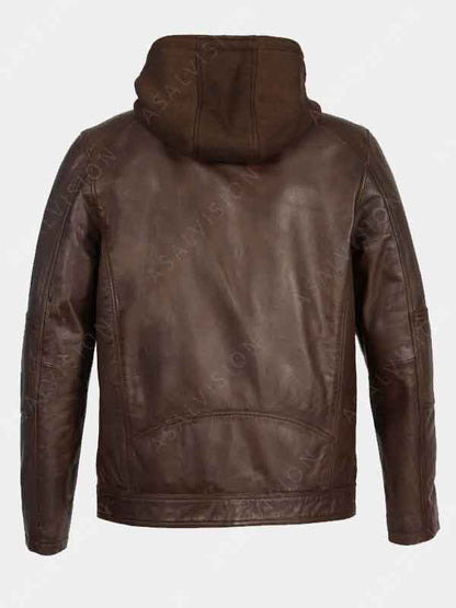 Mens Brown Removable Hooded Leather Waxed Jacket