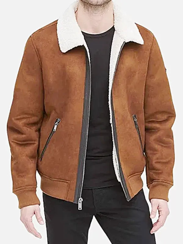 Men's Brown Sherpa Lined Winter Suede Leather Jacket