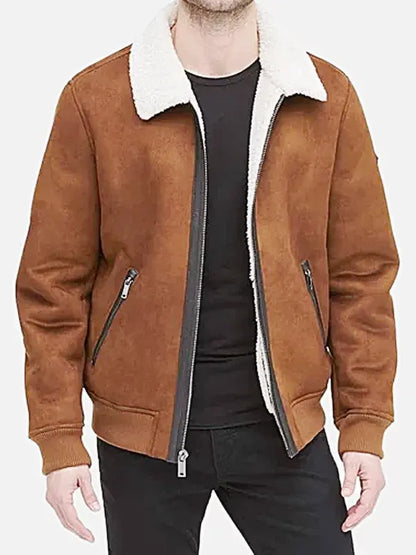 Men's Brown Sherpa Lined Winter Suede Leather Jacket