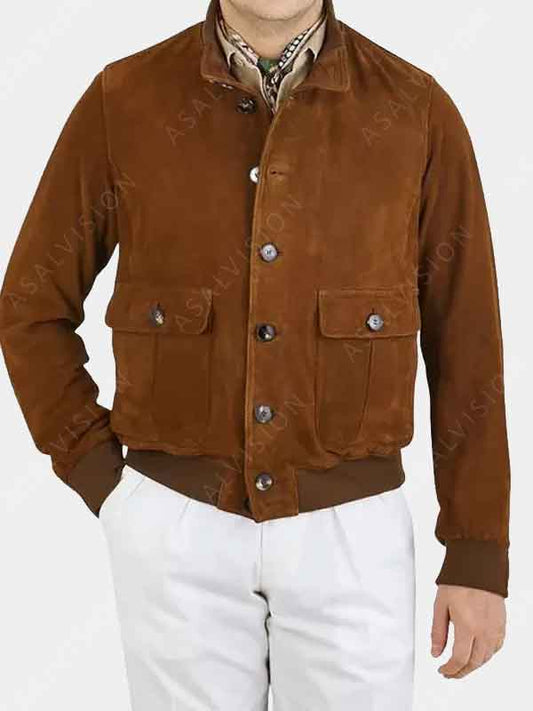 Mens Brown Suede Leather Bomber Jacket