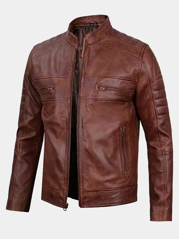 Mens Cafe Racer Brown Leather Jacket