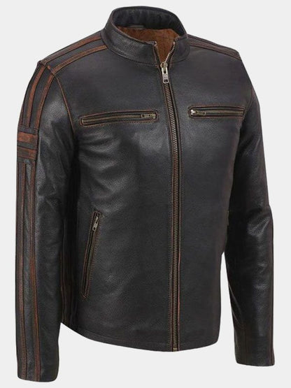 Mens Dark Brown Striped Cafe Racer Leather Jacket