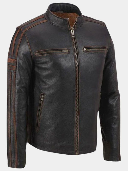 Mens Dark Brown Striped Cafe Racer Leather Jacket