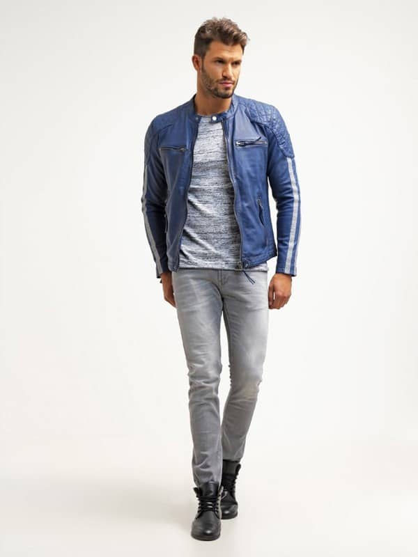 Mens Cafe Racer Leather Jacket Blue with White Stripes