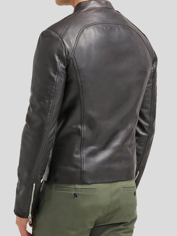 Mens Cafe Racer Slim Fit Black Leather Biker Jacket Back
