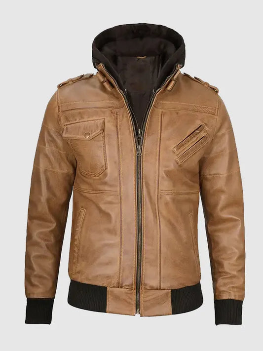 Men's Camel Color Leather Hooded Jacket