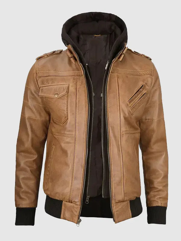 Men's Camel Removable Hood Leather Jacket