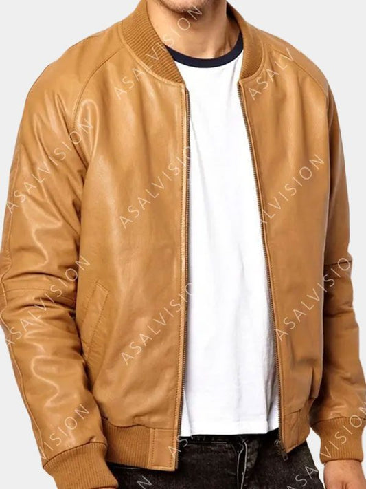 Men's Casual Tan Brown Bomber Leather Jacket
