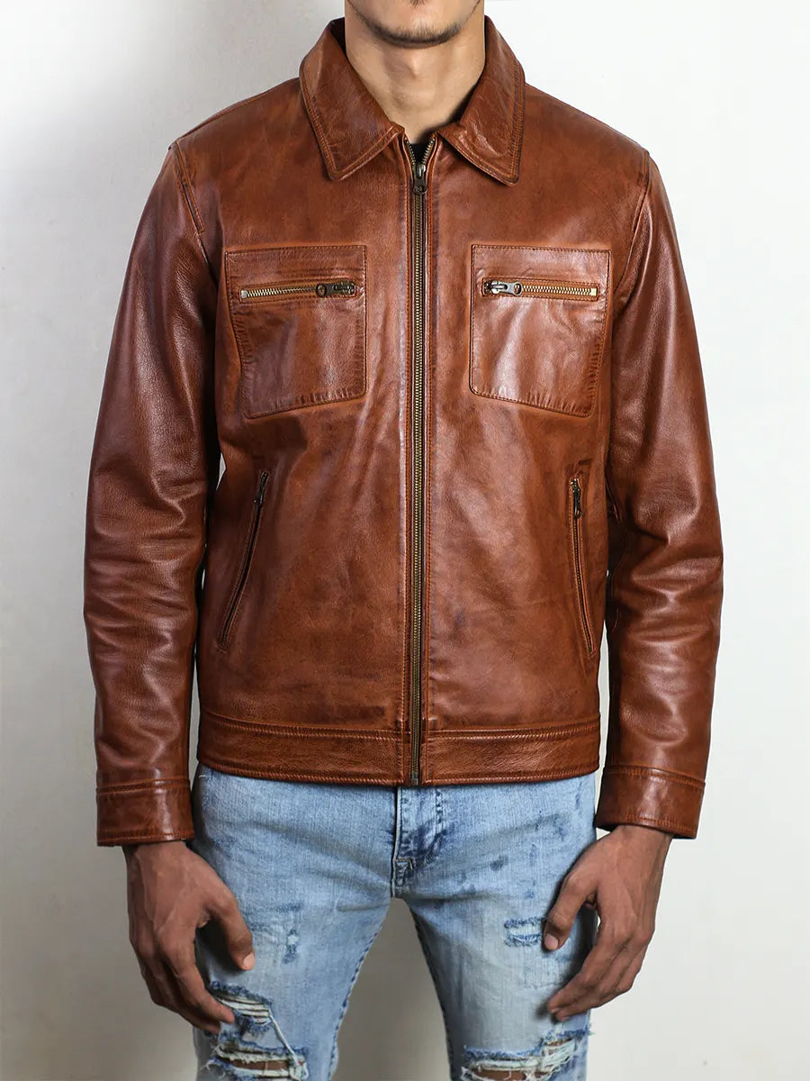 Men's Cognac Brown Rugged Lambskin Leather Jacket