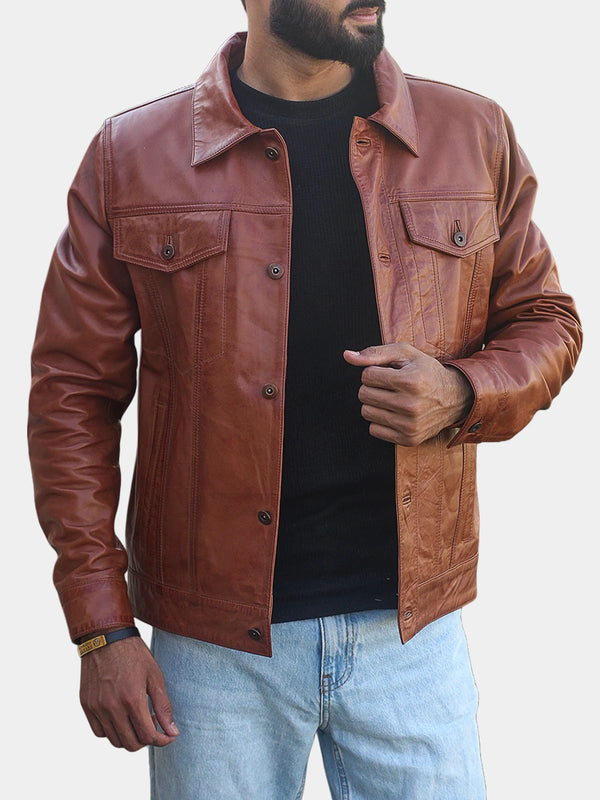 Men’s Cognac Trucker Leather Jacket – Premium Real Lambskin