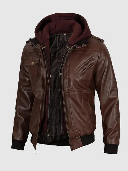 Men's Dark Brown Detachable Hooded Bomber Jacket