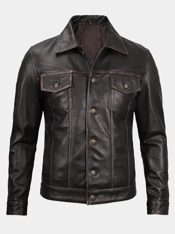 Mens Dark Brown Distressed Leather Trucker Jacket
