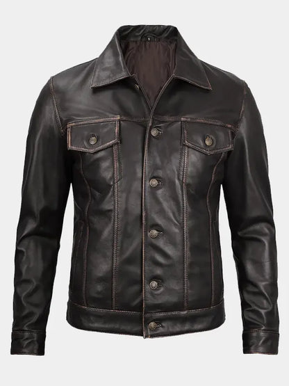 Mens Dark Brown Distressed Leather Trucker Jacket
